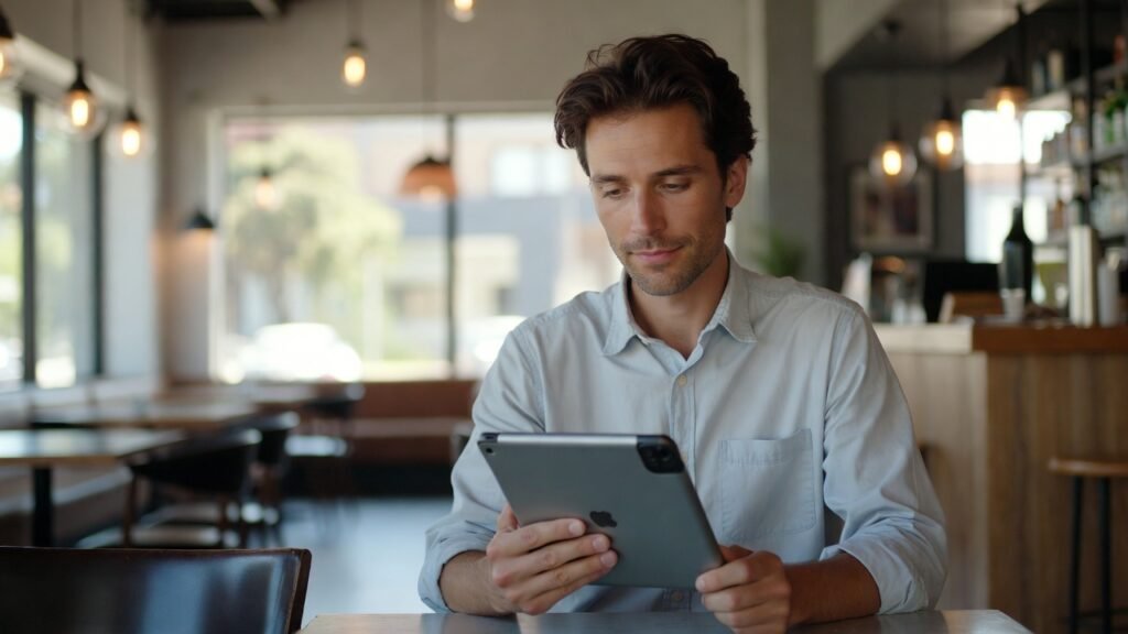 dueño de restaurante repasando datos en tablet